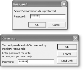 Top: You can give a spreadsheet two layers of protection: assign a “password to open” and you’ll see this window when you open the file. Bottom: If you assign a “password to modify,” you’ll see the choices in this window. If you use both passwords, you’ll see both windows, one after the other.