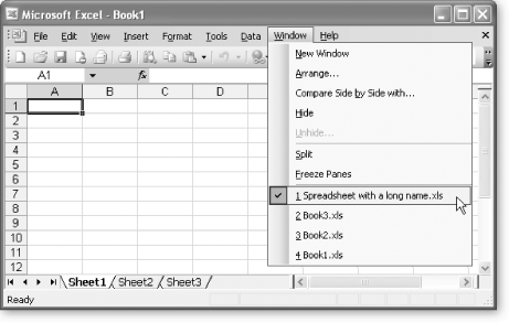 When you have multiple spreadsheets open at the same time, you can easily move from one to the other using the Window menu in Excel. The Window menu has the advantage of always showing the full file name.