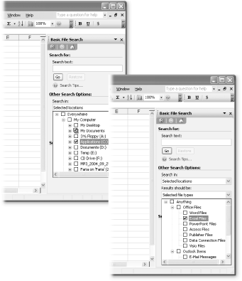Left: In all searches, you need to tell Excel where you want to search, and what type of files you want to find. In this example, the file search will examine the root directory of drive C: (note the ordinary checkmark), but it won’t look in any subdirectories. On the other hand, it will search the My Document folder (note the checkmark with multiple boxes) and all contained subdirectories. Right: The file type list is more straightforward. This search will only find Excel files.