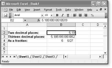 This worksheet shows how different formatting can affect the appearance of the same data. Each of the cells B2, B3, and B4 contains the exact same number: 5.18518518518519. Excel will always display in the Formula bar the exact number it’s storing, as you see here with cell B2. However, in the worksheet itself, each cell’s appearance differs depending on how you’ve formatted the cell.