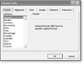 The Format Cells dialog box provides one-stop shopping for cell value and cell appearance formatting. The first tab, Number, lets you configure how numeric values are formatted. The Alignment, Font, Border, and Patterns tabs are all used to control the appearance of the cell. Finally, the Protection tab allows you to prevent changes and hide formulas. (You’ll learn about worksheet protection features in Chapter 13.)
