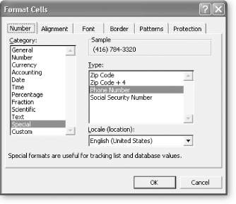 Special number formats are ideal for formatting sequences of digits into a common pattern. For example, if you choose Phone Number in the Type list, Excel converts the sequence of digits 5551234567 into the proper phone number style—(555) 123-4567—with no extra work required on your part.