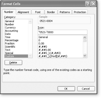 Custom number strings allow you to do almost anything with a number format, but you’ll need to spell it out explicitly using the cryptic code Excel provides. In the example shown here, the format string is “0521-"0000. The “0521-” is a fixed string of characters that’s added to the beginning of every number. The four zeroes indicate that you need four digits. If you provide a one-, two-, or three-digit number, Excel will add the zeroes needed to make a four-digit number. For example, the number 4 will automatically be displayed as the employee code 0521-0004.