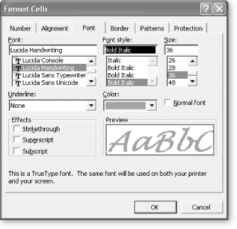 Here’s an example of what happens when you apply an exotic font through the Format Cells dialog box. Keep in mind that, when displaying data and especially numbers, sans-serif fonts are usually clearer and look more professional than serif fonts. (Serif fonts have little embellishments, like tiny curls, on the ends of the letters; sans-serif fonts don’t.) Arial, the default spreadsheet font, is a sans-serif font. The font used for the body text of this book, Adobe Minion, is clearly a serif font, which works best for large amounts of text.
