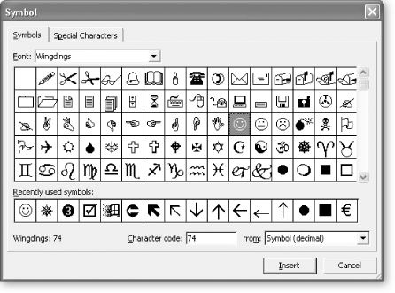 The Symbol dialog box allows you to insert one or more special characters, such as the graphical icons from the Wingdings font. Alternatively, you can insert extended characters from any other font. (Extended characters are mostly non-English letters like Arabic or Hebrew letters.)