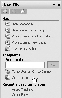 The New File task pane has three sections: the New section, Templates section, and Recently Used Templates section. In the Templates section, you can choose a template on your computer or from Microsoft’s Web site.