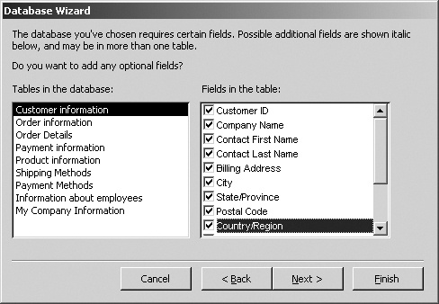 The second Access Database Wizard screen lists the tables in the new database and the fields in each table. The Order Entry template, shown here, includes tables that keep information about orders, customers, payments, and shipping.