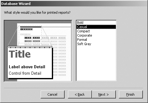 The fourth Access Database Wizard screen lets you choose a style for reports. On the left side of the screen, the wizard shows a preview of what reports will look like with the style you select. Unless you’re using a color printer, though, the colors print as shades of gray.