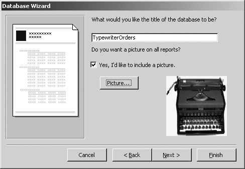On the fifth Access Database Wizard screen you can type a title for your database and choose a picture. If you choose a picture file, the screen shows a preview of the picture in the lower-right corner of the screen. This picture shows a 1947-model Royal Quiet Deluxe typewriter.