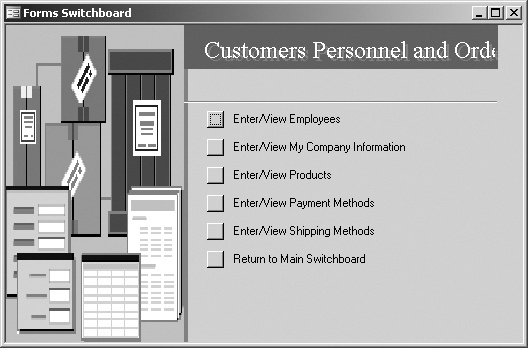 Some switchboard buttons perform database actions directly, while others open subswitchboards. For example, the Enter/View Employees button does an action (opening a form window), while the Return to Main Switchboard button simply takes you back to the main switchboard panel, where you can click more buttons.