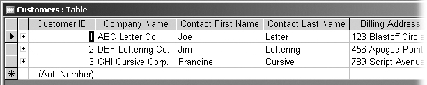Here’s the Customers table in Datasheet view. A datasheet shows a table’s data in row and column format. Each row is a record, like information about one customer. Each column is a field, like the customer’s first name, last name, phone number, and so forth.