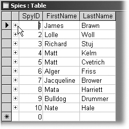 The Spies datasheet has a feature indicating that it’s linked to another table. The + signs to the left of each record show that each spy’s record is linked to one or more records in a different table.