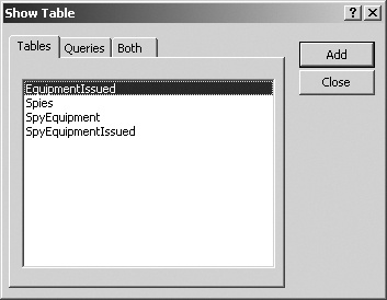 Use the Show Table dialog box to add tables to the Relationships window, so that you can then link them together. The Tables tab lists all the tables you’ve created in your database.