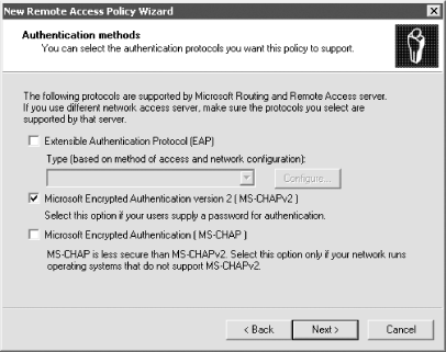 Selecting remote access authentication protocols in a remote access policy
