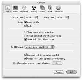 The iTunes Preferences dialog box is where you give iTunes permission to go to the Internet to bring back CD information. You can also set the size of the program’s display font for the Source and Song lists to either “Small” or “Large,” and opt to show the Genre column in your iTunes browser window.Got a lot of CDs to rip but no time to burn? From the “On CD Insert” pop up menu, choose “Import Songs and Eject” to make iTunes automatically snag the track names, rip the tunes, and hand the CD back to you.