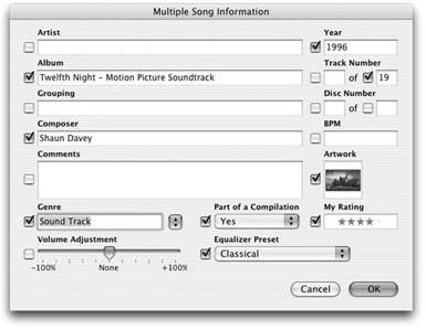 The Multiple Song Information box can save a lot of time because it allows you to change information all at once for all the songs listed in the Artist, Album, or Genre categories. For example, you can assign the Equalizer’s “Classical” preset to all your files in the Classical genre, add a picture of a yellow submarine to all of your Beatles tracks, or adjust the title of all the songs at once on a mislabeled album.