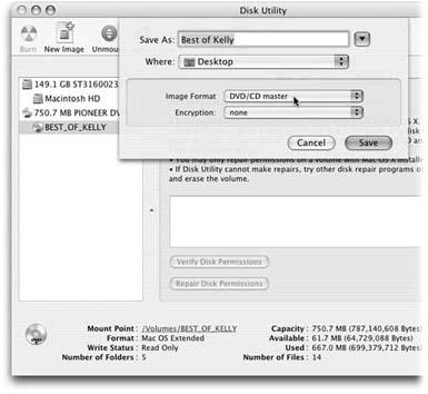 First, click your DVD’s name, as shown at left. When you click New Image, the Save As sheet lets you specify where and how to save your new image. Type a name for the disk image. Select DVD/CD Master as your Image Format, leave Encryption set to none, and save the result to your desktop.