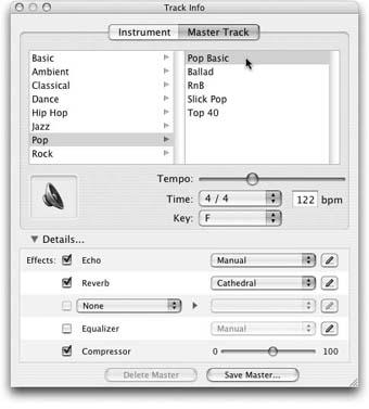 You can get to this dialog box either by double-clicking the Master Track header, or by double-clicking any other track’s header and then, in the Track Info dialog box, clicking the Master Track tab. Either way, this is where you set up processing effects for the entire mix. This is also, incidentally, the only place where you can change the time signature or key signature of the piece once you’ve created the file.