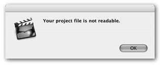 Uh-oh. Big uh-oh. iMovie can’t read the project file. You can’t edit your project.It’s time to sweat, but not yet time to panic. This file may be salvageable.