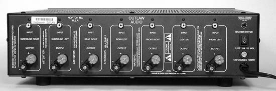 Rear of a seven-channel Outlaw amplifier