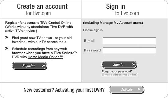 Logging in to TiVo Central Online
