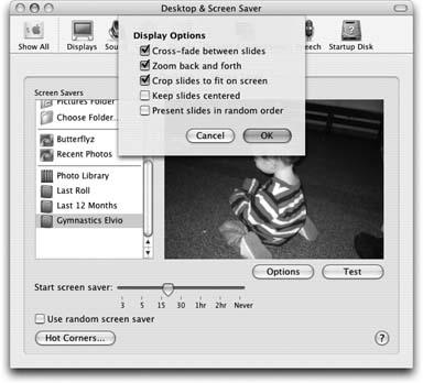 Use Display Options to set the way your iPhoto rolls are used by the screensaver.