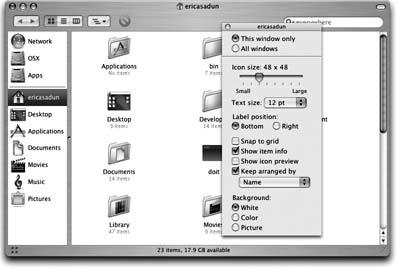 The floating window shown here lets you customize many of the features of the selected Finder window.