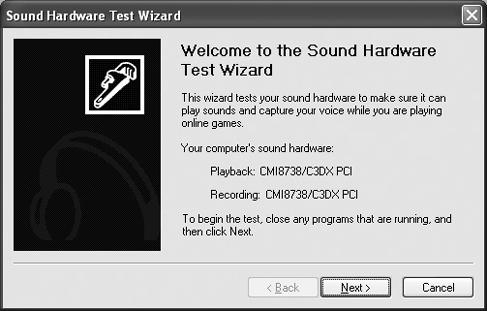 Use the Sound Hardware Test Wizard to test your recording and playback setup.