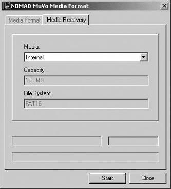 Use the Media Recovery feature to restore an improperly formatted Nomad MuVo.