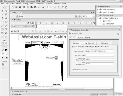 Setting the properties of the PayPal extension in Macromediaâs Component Inspector