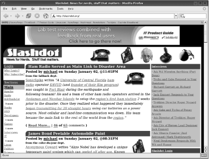 Firefox displaying the main page of the geek web site Slashdot