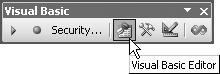 The Visual Basic toolbar lets you edit, run, or stop code; create controls; and set macro security