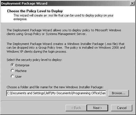 Choose the policy level to deploy and enter a filename to create