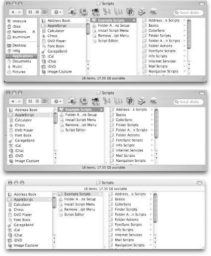 Eenie, meenie, minie, moe...with which Finder shall I go? At top is a Finder window with its toolbar and sidebar; the middle version has vanquished the sidebar; and the bottom image has lost both the sidebar and toolbar.