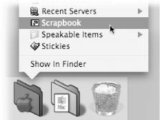 Once you’ve installed the Mac OS 9 Control Panels and Apple Menu Items folders on your Dock, Control-click them (or click and hold on them) for direct access to their contents. To make the folders stand out, feel free to paste custom icons on them (see Section 2.1.16).