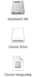 When you double-click a .dmg file (in this case, Classic Image.dmg, at bottom), the system eventually spits out an icon that looks like a regular disk (in this case, Classic Drive, middle). You can treat such images as you would a recordable CD.