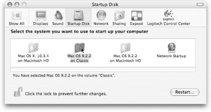 Select the Mac OS 9 system that’s on the Classic disk image you just created. You won’t actually restart your computer by booting from the disk image (it wouldn’t work, anyway). By selecting it as the startup disk, however, you force the Classic preferences panel to search for new Classic disks the next time you launch it.