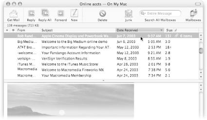 The preview pane is the lower half of this screenshot—it lets you read your mail messages without opening a new window. However, it also has the side effect of marking any unread messages as read when you click them in the upper half of the window. If you’d rather not have that happen, double-click the divider bar that separates the preview pane from the message list so the preview pane disappears.