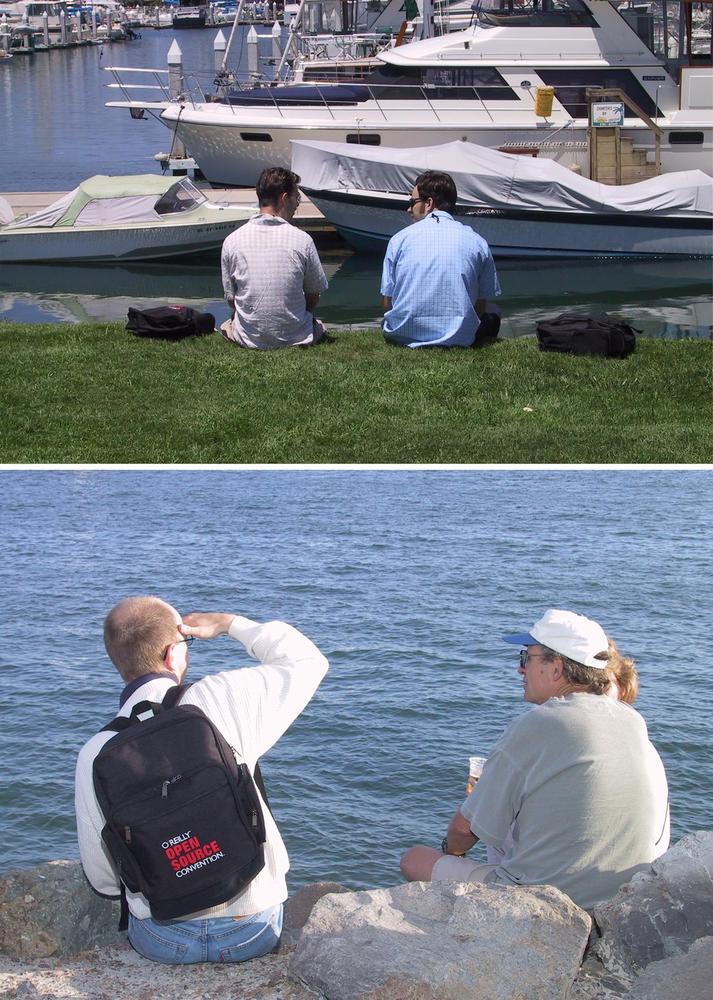 Top: What’s this picture about? The people? The boats? Linear elements in the background usually spell doom for people shots.Bottom: Avoid clutter and opt for a more subtle background, like water or sky. Your subjects—and audience—will thank you.
