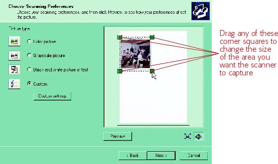 When you click the Preview button, the scanner locates where you placed your item on the scanner’s bed. The dotted outline indicates movable borders. The wizard generally identifies the perimeter of your item fairly accurately, but often leaves out the white border around printed photographs. If you want your scan to include the border, drag the corner squares out a bit.