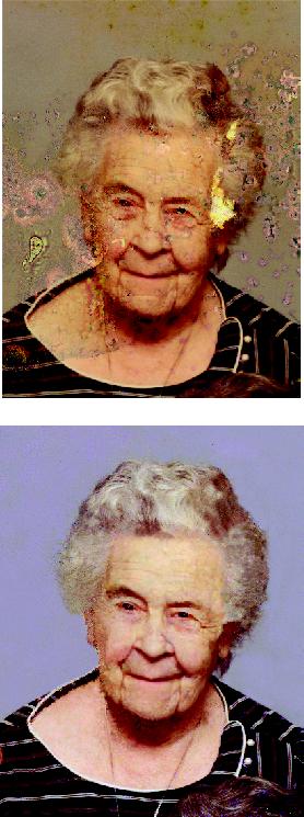 You can do some amazing repair work with Elements if you have the patience.Top: Here’s a section of a water-damaged family portrait. The grandmother’s face is almost obliterated.Bottom: The same image after repairing with the Elements tools. It took a heap of cloning and healing to get even this close, but if you keep at it, you can do the kind of work that would have required professional help before Elements.