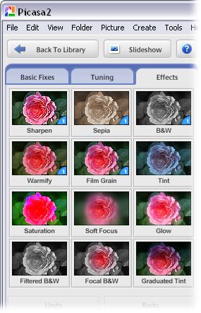 Picasa’s Effects palette gives you access to all twelve effects and provides a mini-preview of the effect applied to the photo in your Edit view. In many cases, applying the effect is simply a matter of clicking on the palette option.