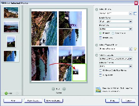 When you create a Picture Package, the preview window shows you what your page looks like and lets you redesign it. For example, you can drag a photo from one of the large slots into an empty part of the layout to create a smaller print of the same photo, as shown here.