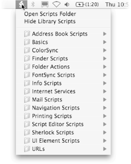 The Script Menu is your key to running AppleScripts from just about any program. However, if you’re using a program with a lot of menus (Word or Photoshop, for example), that program may clip off the Script Menu. To move the Script Menu to a less clip-prone position, simply -drag its icon farther to the right.