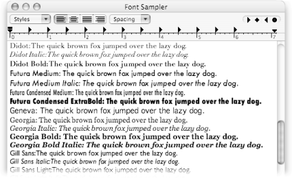Each sentence here is supposed to contain every letter of the alphabet, so you can see exactly how each letter appears in each typeface. Of course, whoever programmed this feature forgot that the sentence “The quick brown fox jumped over the lazy dog” is missing the letter “s” (it should say “jumps” instead of “jumped”).