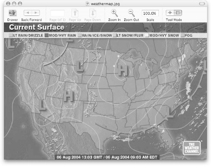 Unless you’ve specified a different program to open JPEG files in the Finder, your weather map opens in Preview (shown here). Of course, if you’re not a meteorologist, this map may not be very helpful to you; if that’s the case, check out Internet Scripts → Current Temperature by Zipcode for a more digestible take on the weather outside.