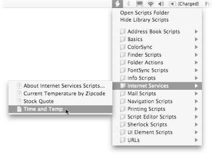 If you rename the script in the Finder and then drop it into the Library → Scripts → Internet Services folder, it shows up like this in the Script Menu. The new script behaves just like the built-in ones: all you need to do is click it once to run it.