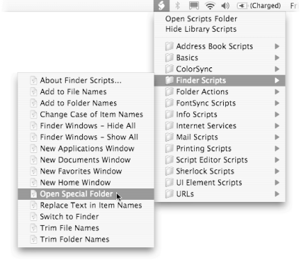 Here, the Navigation scripts (everything from New Applications Window to Open Special Window) were moved into the Finder Scripts subfolder. Then, the Navigation Scripts folder was deleted, leaving a Script Menu like this. You might want to merge the scripts from other folders, too. The first two scripts in Basics might fit better in the URLs submenu, for example, while the last script from Basics might fit better in the Script Editor Scripts submenu.