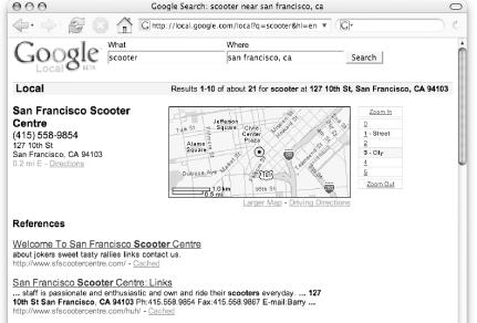 A typical Google Local result, complete with map and references