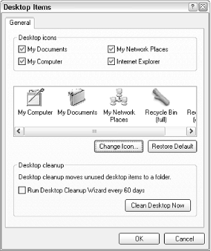 The Desktop Items window allows you to show or hide a few prominent desktop objects, as well as customize their icons